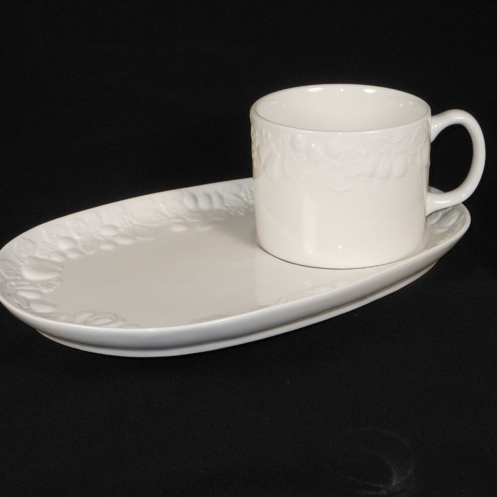 white weighty porcelain tea cup & food tray set. Gibson